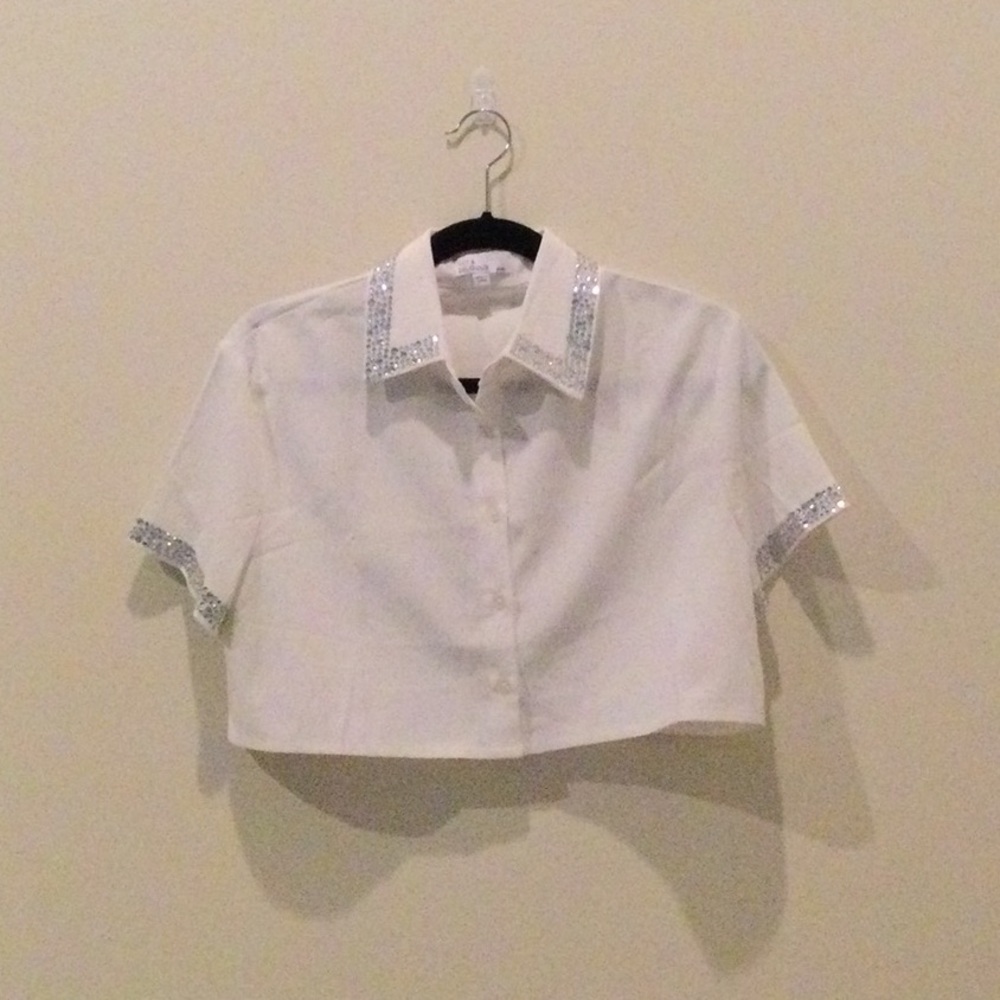 White Cropped Shirt with Silver Sequin Trim